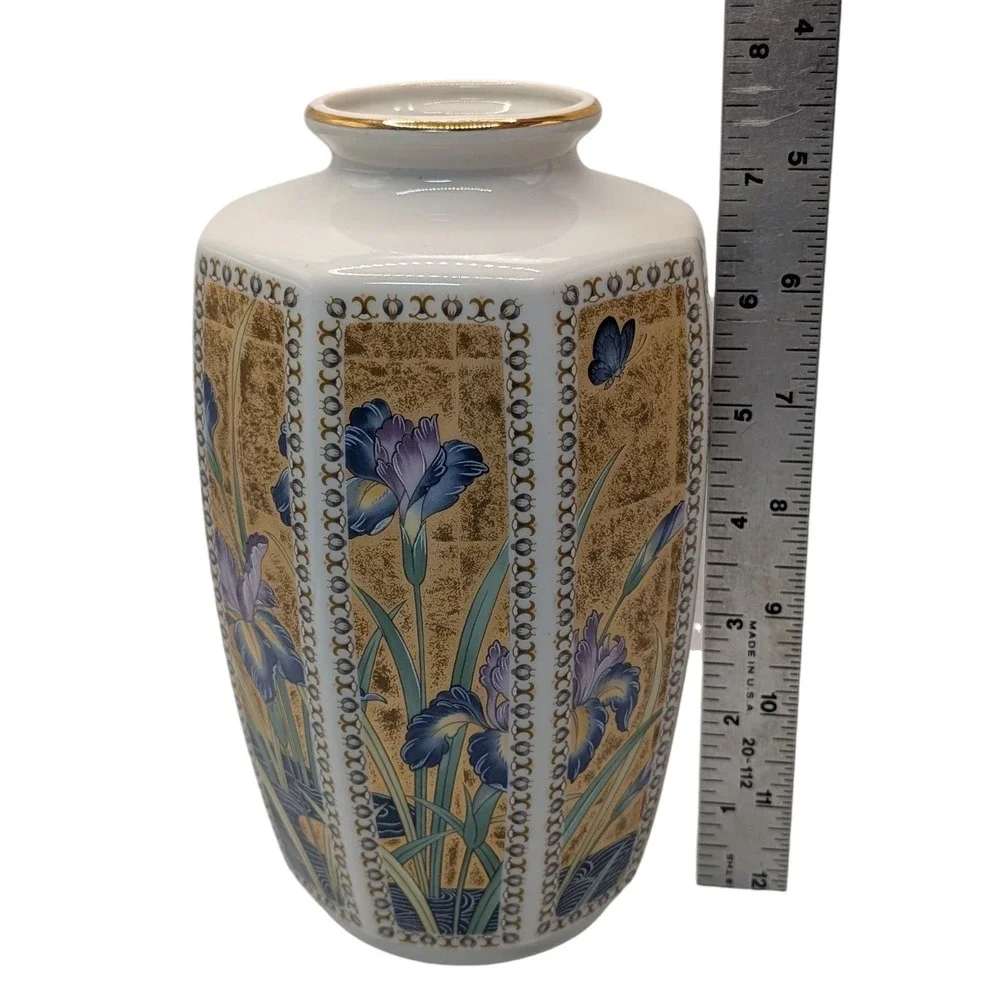 Vintage Golden Mist Vase Octagon Porcelain Irises Blue‎  Gold Trim Made In Japan